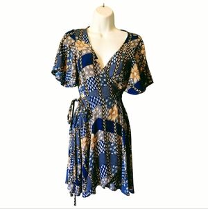 O'Neill Blue and Tan Floral Wrap Mini Dress